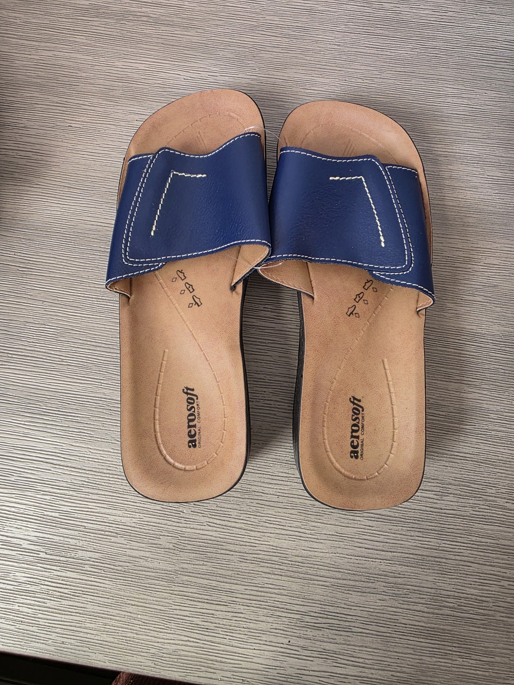 Aerosof Navy Slide Sandals with Tan Footbed